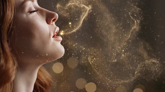 Woman in profile view exhaling golden sparkles from mouth. Magical breath creating swirling dust particles in sequence. Cinematic closeup fantasy effect video footage.