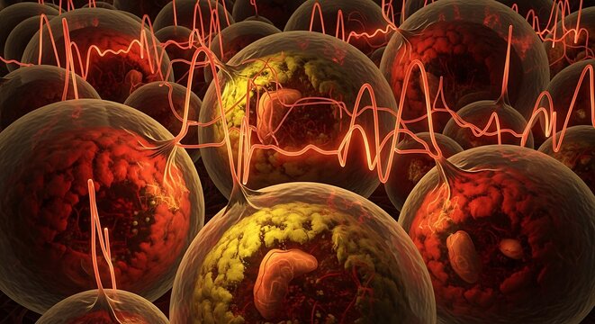 Close-up view of a cluster of cells with internal structures visible, pulsing with energy waves.