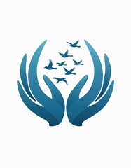 Obraz premium Blue hands protect flock of birds flying upwards against white background. Symbolizes freedom hope and care. Concept art shows unity and peace. Caring hands guide birds to safety.