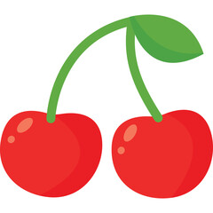Two bright red cherries with a green leaf and stem on a transparent background symbolizing healthy fruit and summer sweetness