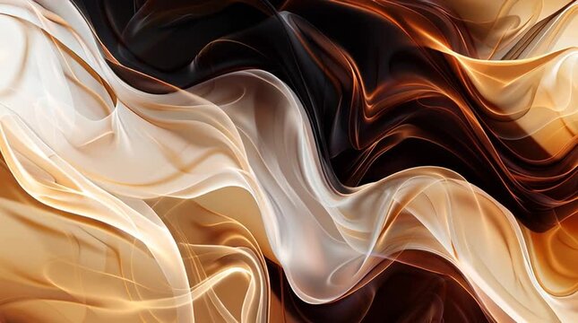 AI-generated animated abstract illustration of swaths of sheer fabric that morphs into opaque fabric in luscious browns, gold and white