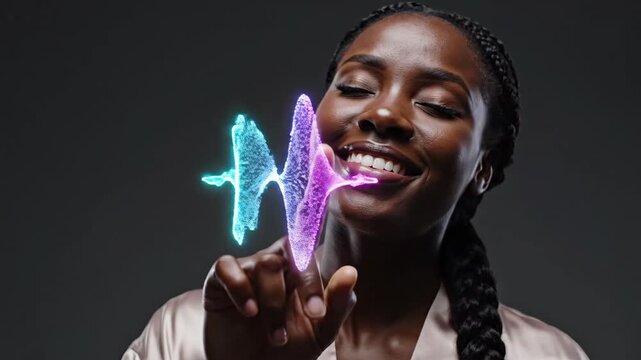 African American woman smiles while interacting with holographic bird, galaxy, and sound wave effects emerging from her gestures. Digital creativity and virtual reality concept in silky robe.