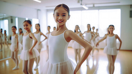バレエ教室でポーズを取る笑顔の日本人の女の子