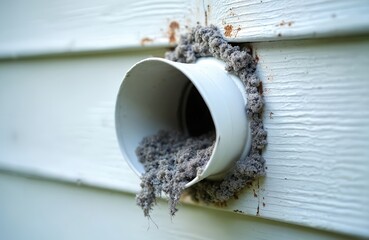 Dryer vent exterior pipe clogged with lint and debris. This blockage is a serious fire hazard. Regular cleaning is essential for home safety and efficient appliance function.
