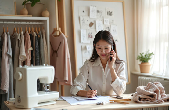 Asian woman sits at desk talks on phone in atelier. Dressmaker makes sketch of clothes. Seamstress creates garment. Designer uses smartphone. Small business owner sews clothes. Tailor consults with