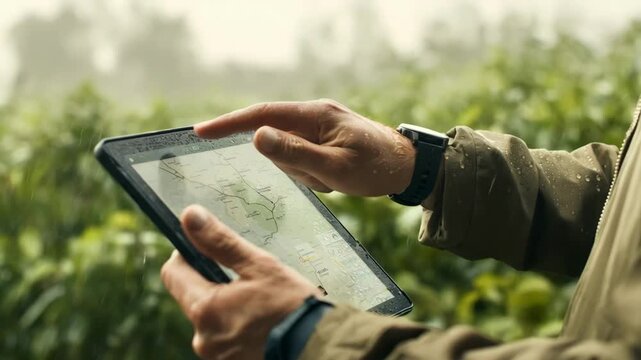 Medium shot of a technician interacting with a weather app interface on a tablet adjusting settings for grovespecific weather alerts and data analysis. - Powered by Adobe