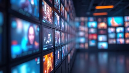 Many screens display various video content. Large wall of monitors shows different channels, news, entertainment. Digital tech setup global media streaming, data broadcast. Represents modern info