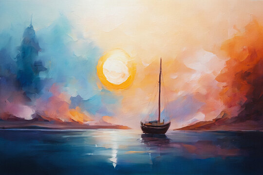 A serene sunset over calm waters, featuring a lone sailboat and a small rowboat floating peacefully. The sky glows with vibrant oranges and purples, reflecting beautifully on the tranquil surface belo