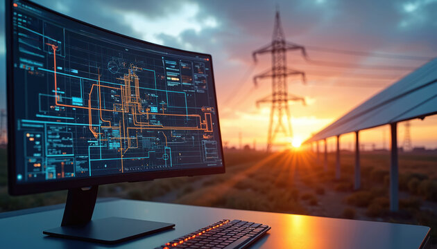 Computer monitor shows CAD electrical power grid design. High voltage power lines, solar panels visible at colorful sunset. Engineer works on renewable energy solutions for modern infrastructure.