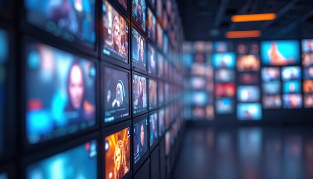 Many screens display various video content. Large wall of monitors shows different channels, news, entertainment. Digital tech setup global media streaming, data broadcast. Represents modern info