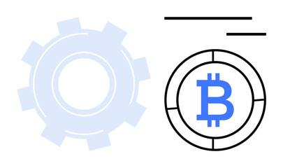 Bitcoin symbol inside a coin representing digital currency, next to a gear signifying technology and functionality. Ideal for cryptocurrency, blockchain, fintech, innovation, system, investment