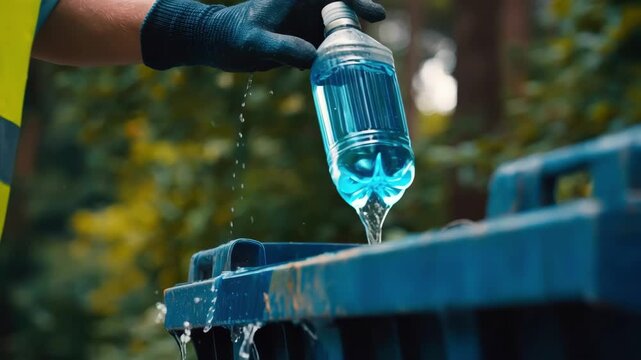 Medium shot of a worker thoroughly cleaning a biohazard container using a bleach solution emphasizing sanitation and safety in hazardous waste management.