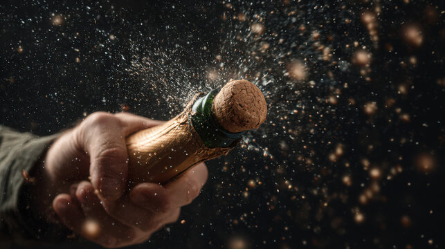 champagne celebration with popping cork and dynamic action