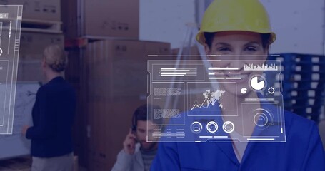 Supervisor in hardhat smiling in warehouse, HUD panels sliding in overlaying torso, tracking stock