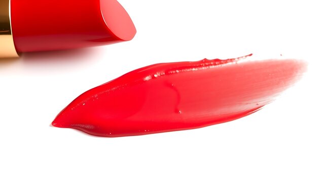 walgreens. Bright red lipstick texture smear, showcasing creamy cosmetic product detail on a clean white background. lifestyle magazines.