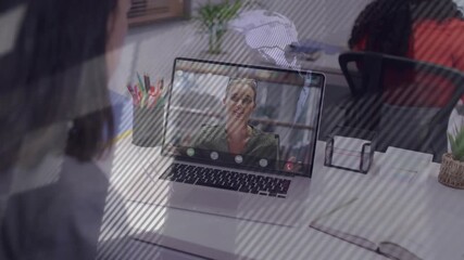 Woman viewing laptop while remote colleague talking initiating diagonal map overlay aiding business - Powered by Adobe