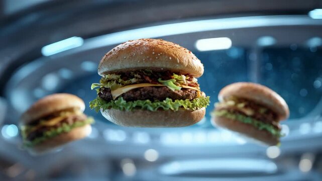 Delicious Cheeseburgers Floating in Zero Gravity Inside a Futuristic Spaceship or Space Station - Powered by Adobe