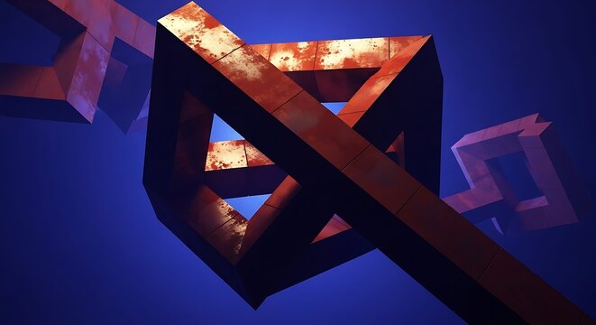 An abstract 3D rendering of a rusty, impossible geometric shape against a dark blue background.