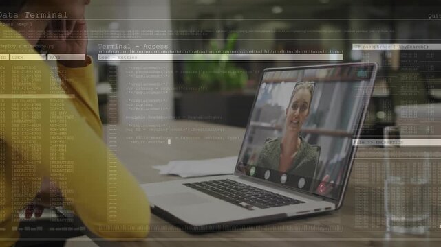 Woman listening as peer speaking, laptop overlay showing code and progressbar advancing in tech