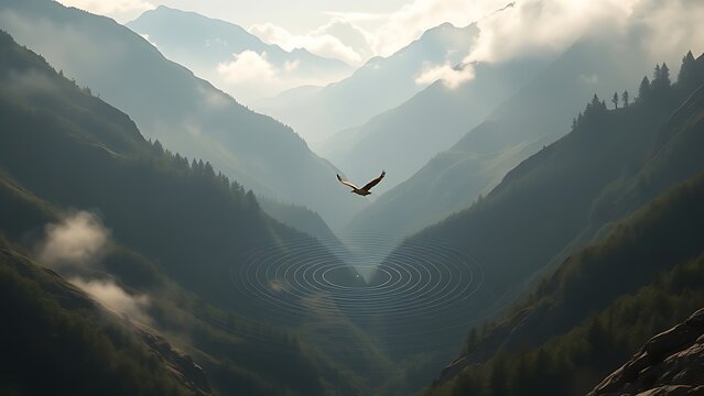infrasound. Mountain valley with concentric sound ripples in air, a bird in flight creating acoustic patterns through morning mist. travel magazines.