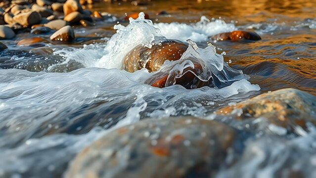 makemake. Rushing stream over smooth pebbles with splashing water in morning light. travel magazines, destination branding, designed for travel destination branding, inspires travel planning.