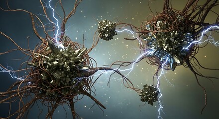 Naklejka premium Abstract representation of two interconnected neural networks with electrical impulses flowing between them.