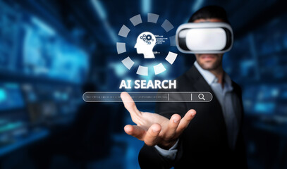 A professional in a business suit interacts with a virtual interface while wearing VR goggles,...