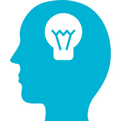 Turquoise Silhouette of a Human Head with a Glowing Light Bulb Inside Representing an Idea or Innovation on a Transparent Background