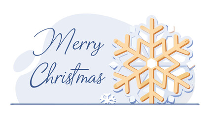 Elegant merry christmas greeting with a large golden snowflake and subtle blue winter background