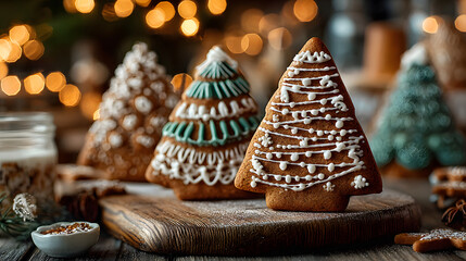 Traditional gingerbread cookie Christmas tree. Homemade sweet decorated biscuits with icing