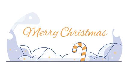 Festive merry christmas greeting with a candy cane and abstract winter snowdrift shapes in a minimalist style