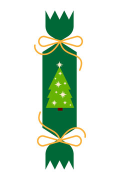 Green Christmas cracker illustration with gold ribbon bows and decorated Christmas tree. Festive, winter holiday PNG. Perfect for Xmas party decor, Christmas social posts, TikTok/IG reels overlays.