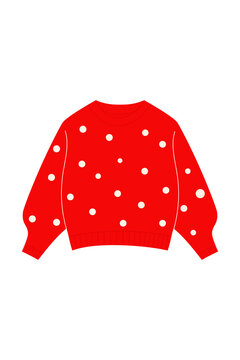 Red Christmas sweater with white polka dot, snow pattern. Festive holiday pullover with long sleeves for winter celebrations, ugly sweater parties, and seasonal fashion. Isolated, high resolution PNG