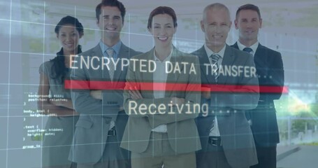 Tech team standing office as app starting secure UI code flow, red bar filling, receiving, fading - Powered by Adobe