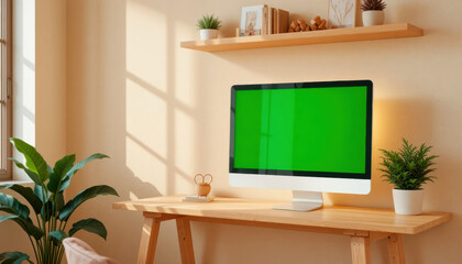 Minimal Home Office with Beige Wall and Green Screen Computer