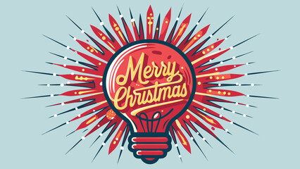 Festive red light bulb with merry christmas text and bursting rays on a light blue background