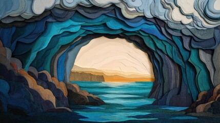 Paper-cut cave opens to a serene ocean and sunset vista
