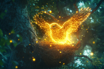 A mystical bird with radiant feathers, illuminating its nest in a glowing tree  