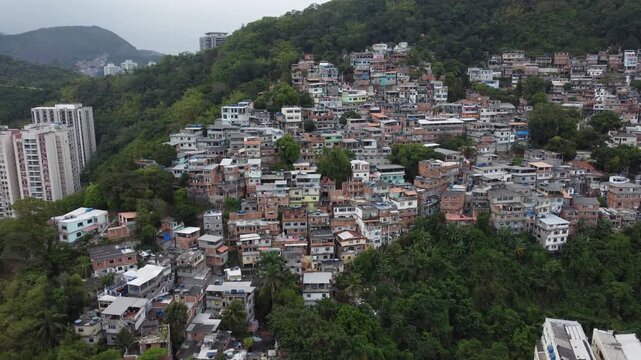Aerial view of the Morro da Babilonia community, Leme beach, Rio de Janeiro, Brazil.