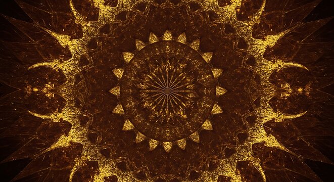 A mesmerizing golden fractal mandala pattern with intricate details and a warm, glowing effect.