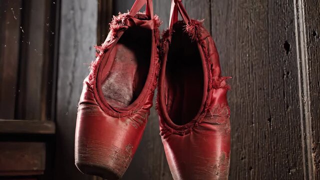 Vintage Red Ballet Shoes Hanging in a Rustic Room with Wooden Walls and Natural Light Streaming Through a Window