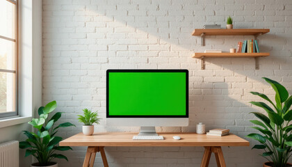Minimal Bedroom Workspace with Wooden Desk and Green Screen Monitor