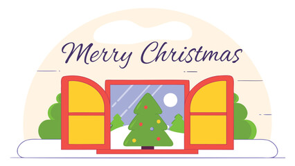 Cozy merry christmas scene viewed through an open window with snow covered trees and a decorated evergreen tree outside