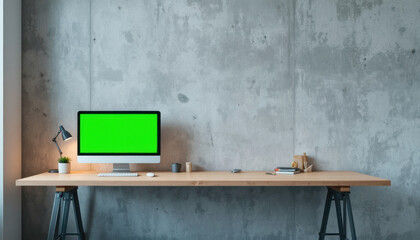 Modern Minimal Workspace with Concrete Wall and Green Screen Display