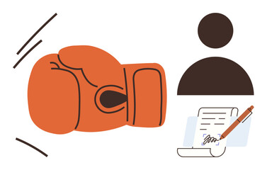 Boxing glove symbolizing conflict resolution, person icon, signed document with pen evoking agreement themes. Ideal for negotiation, decision-making, responsibility, contracts, accountability