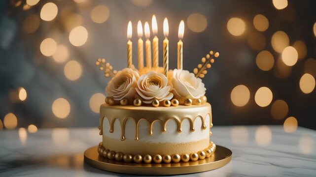 Elegant Luxury Birthday Cake with Golden Candles