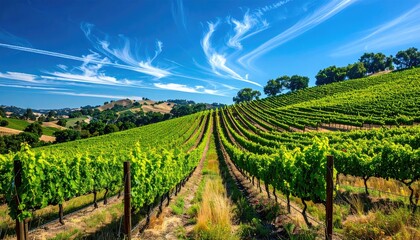 Vibrant Vineyard Rows Under a Bright Blue Sky with Wispy White Clouds During Golden Hour Sunlight Casting Warm Tones on Rolling Green Hills and Distant Trees in California