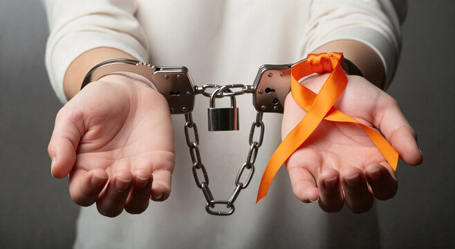 Hands breaking free from chains with orange ribbon in a symbolic gesture  
