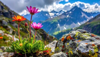 Vibrant wildflowers bloom in a rocky mountain landscape with snow-capped peaks under a bright blue sky with dramatic clouds