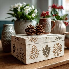 Decorative Nature-Inspired Box with Pine Cones and Flower Pots